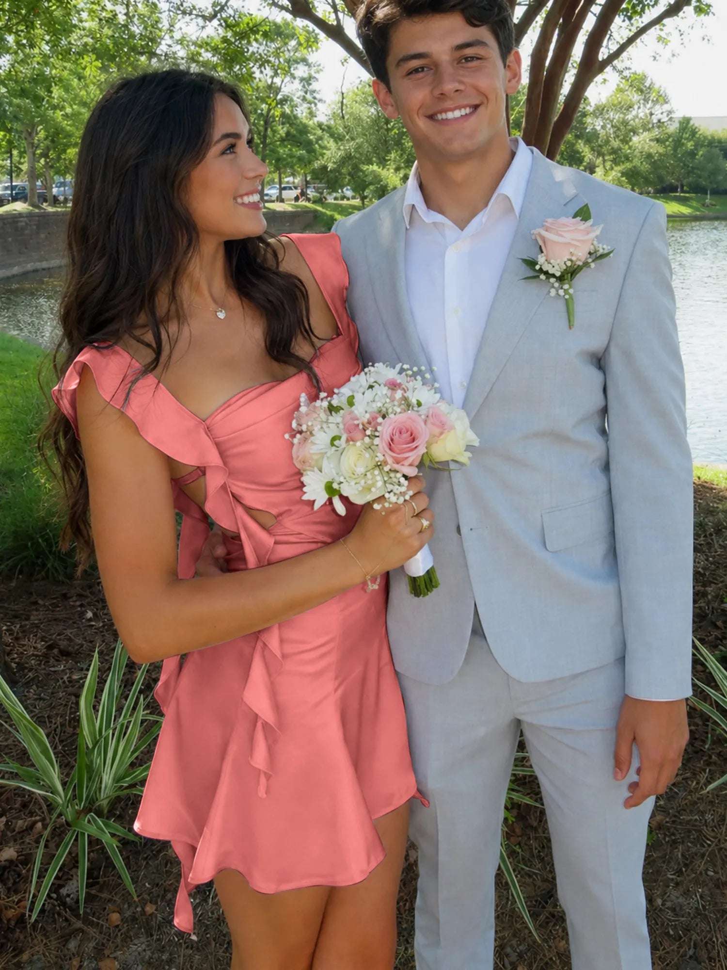 Ruffle Strap Short Homecoming Dress with Cutouts
