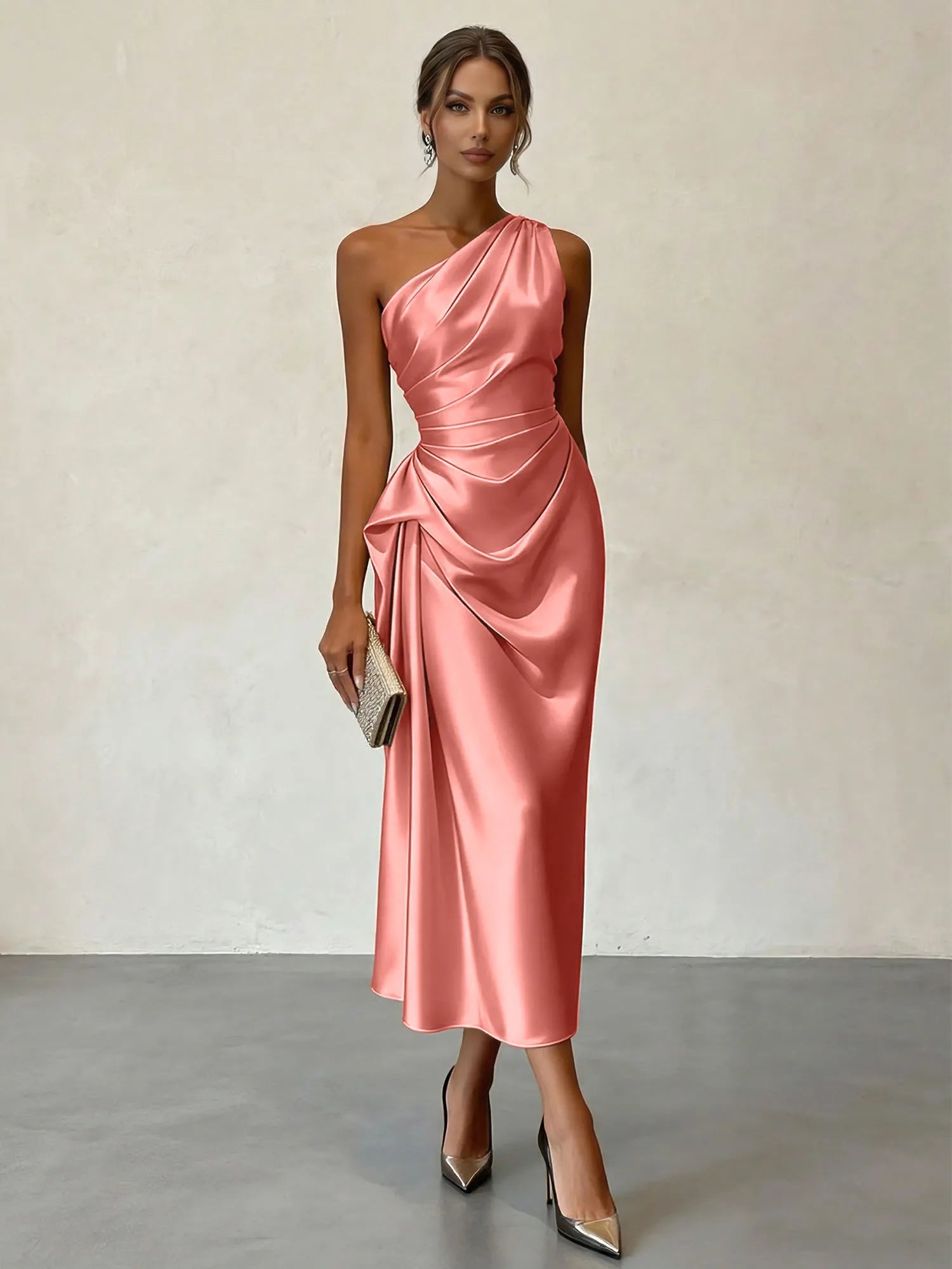 Champagne Ruched Satin One Shoulder Sleeveless Sheath Midi Dress