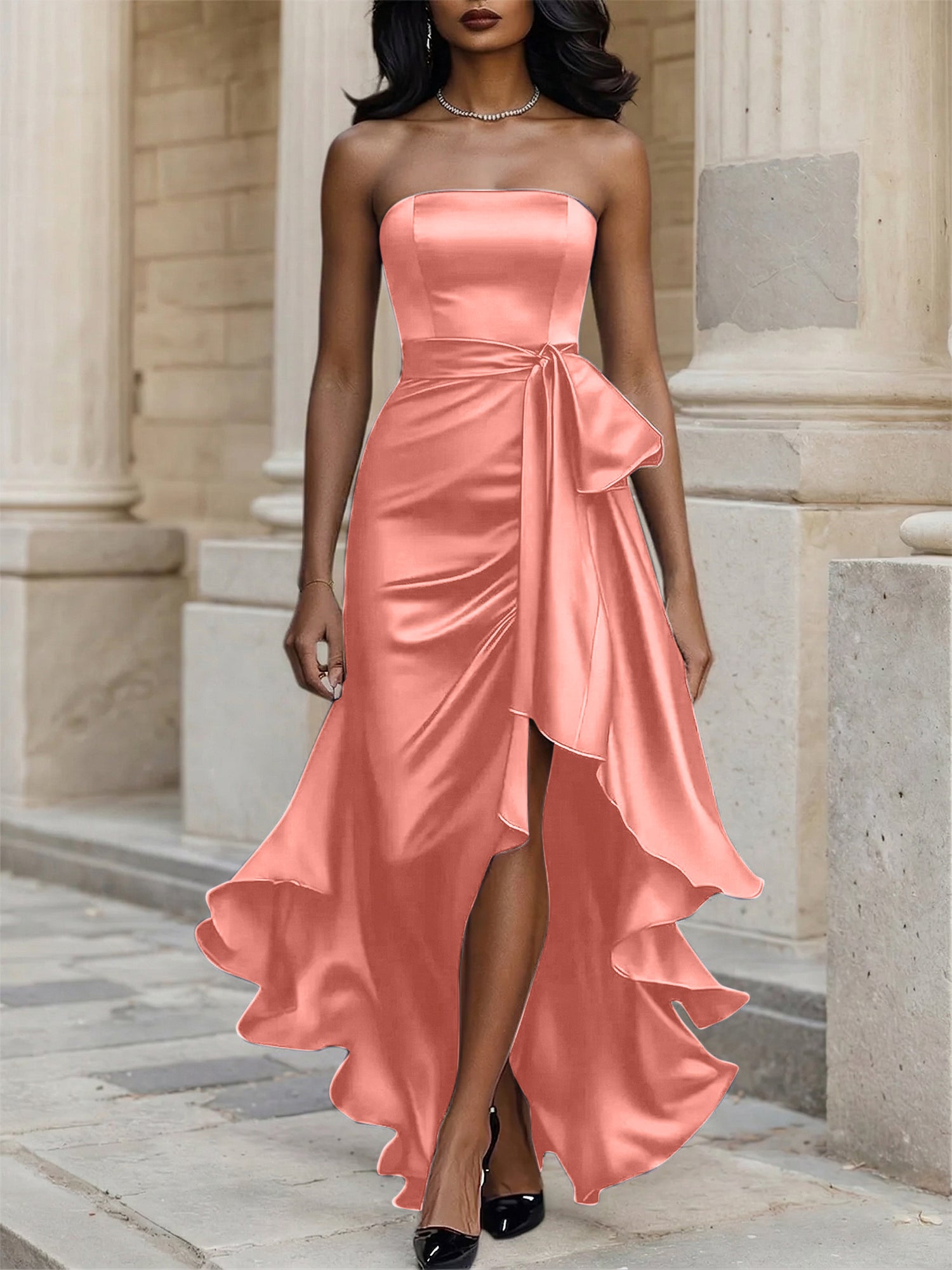 Glamorous Formal Dress Midnight Navy Strapless Satin Gown Midi Dress