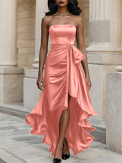 Glamorous Formal Dress Midnight Navy Strapless Satin Gown Midi Dress