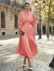 Sophisticated Emerald Green Satin High-Neck Midi Dress Gown