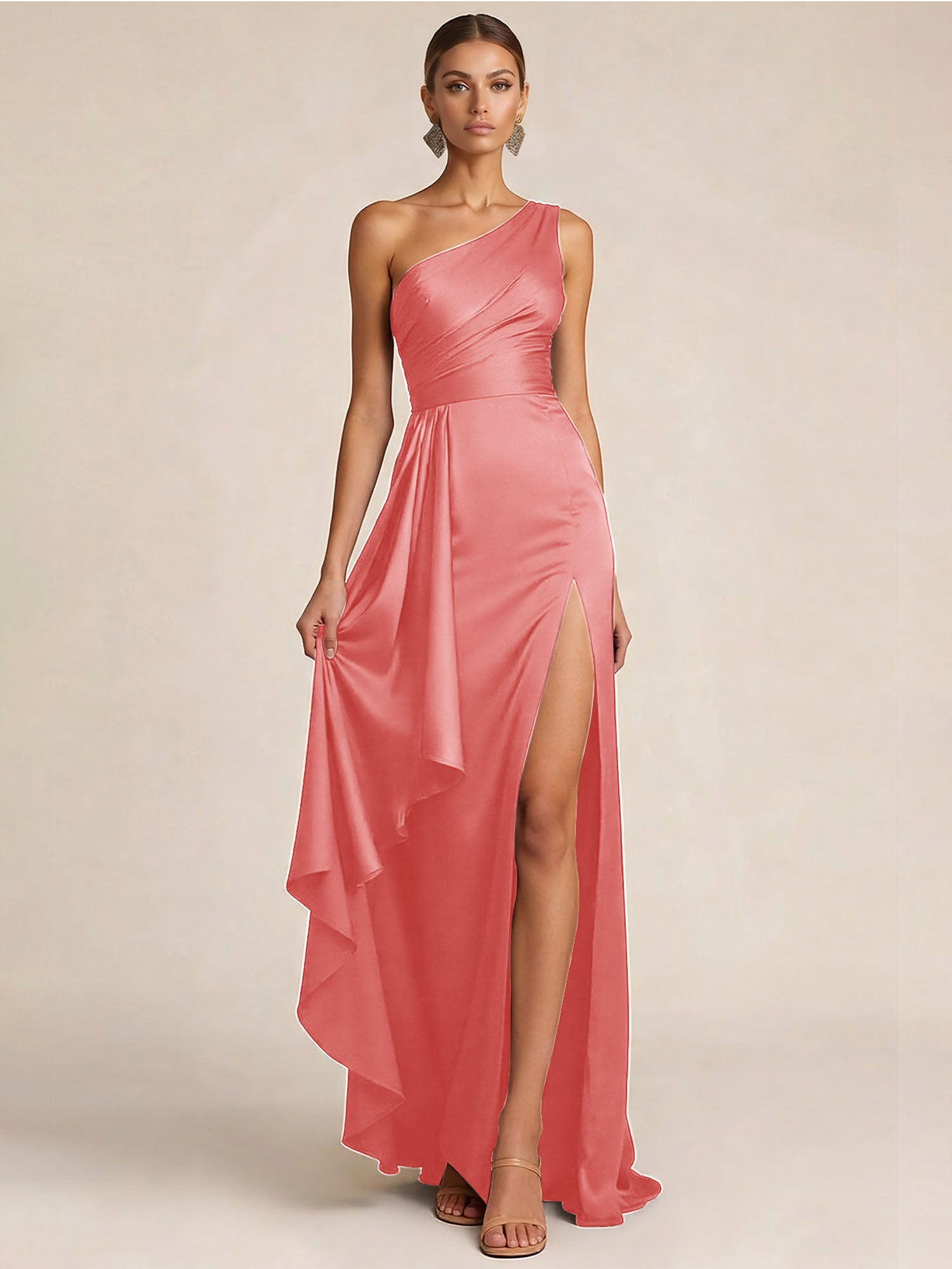 Sleek Foraml Evening Gown Midnight Navy One-Shoulder Satin Slit Maxi Dress