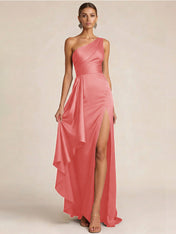 Sleek Foraml Evening Gown Midnight Navy One-Shoulder Satin Slit Maxi Dress