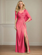 Sheath/Column Satin Scoop Neck Cap Sleeves Floor Length Mother Of The Bride Dresses