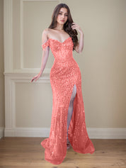 Red Off-the-Shoulder Beaded Tulle Long Prom Dress with Swirling Sequins