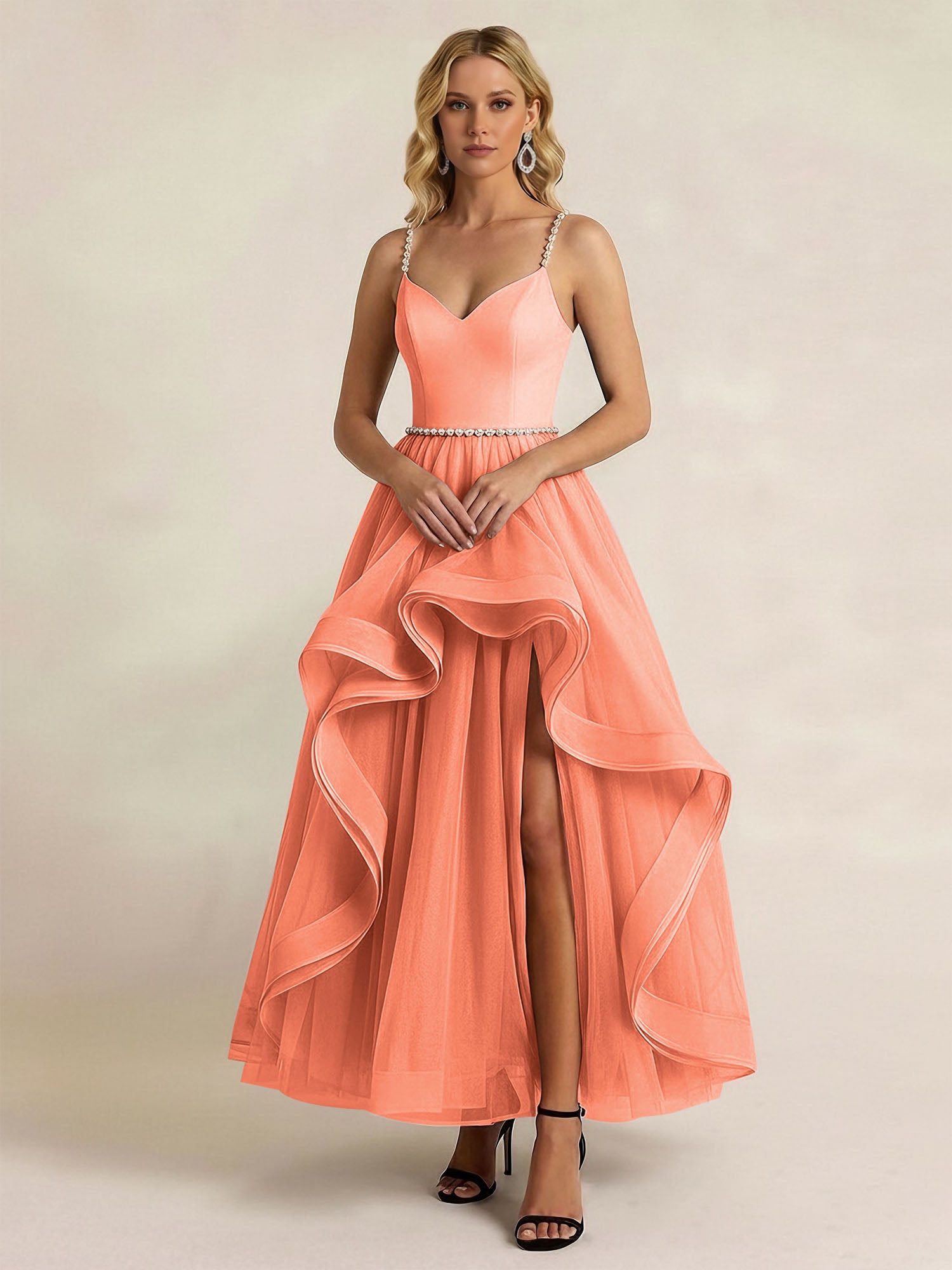 Black Tulle Ruffled A Line Long Formal Dress with Slit