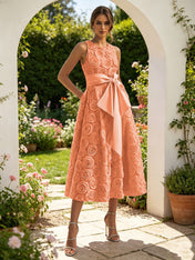 Pink 3D Floral Bow Crew Neck A-Line Midi Dress