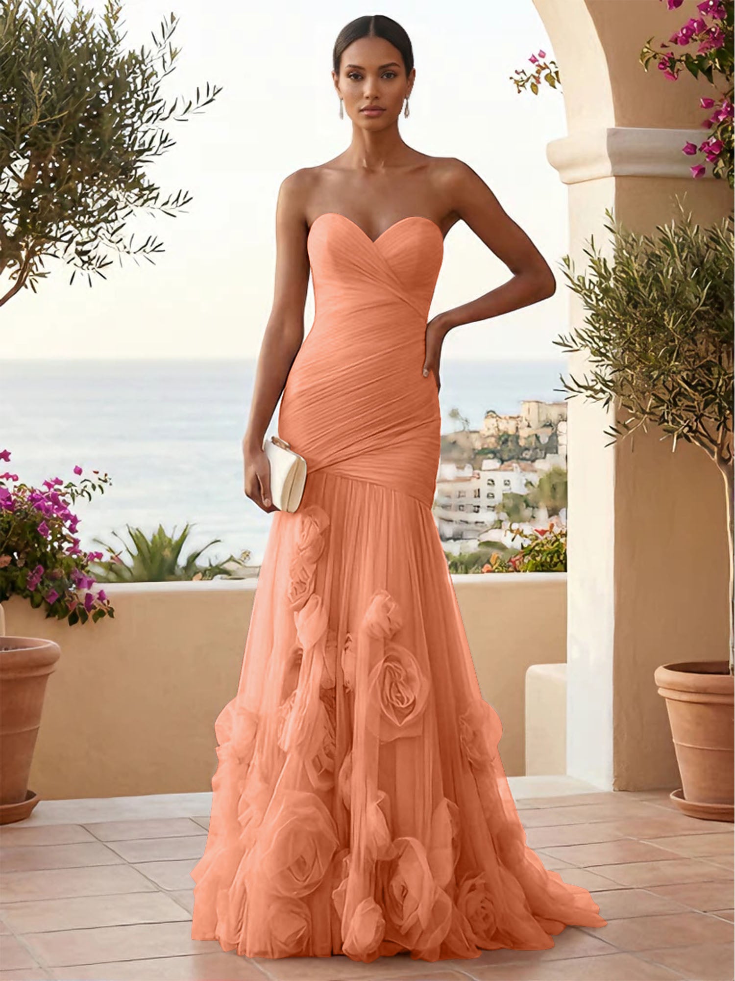 Sweetheart Tulle Pleat Mermaid Evening Dresses with 3D Flower