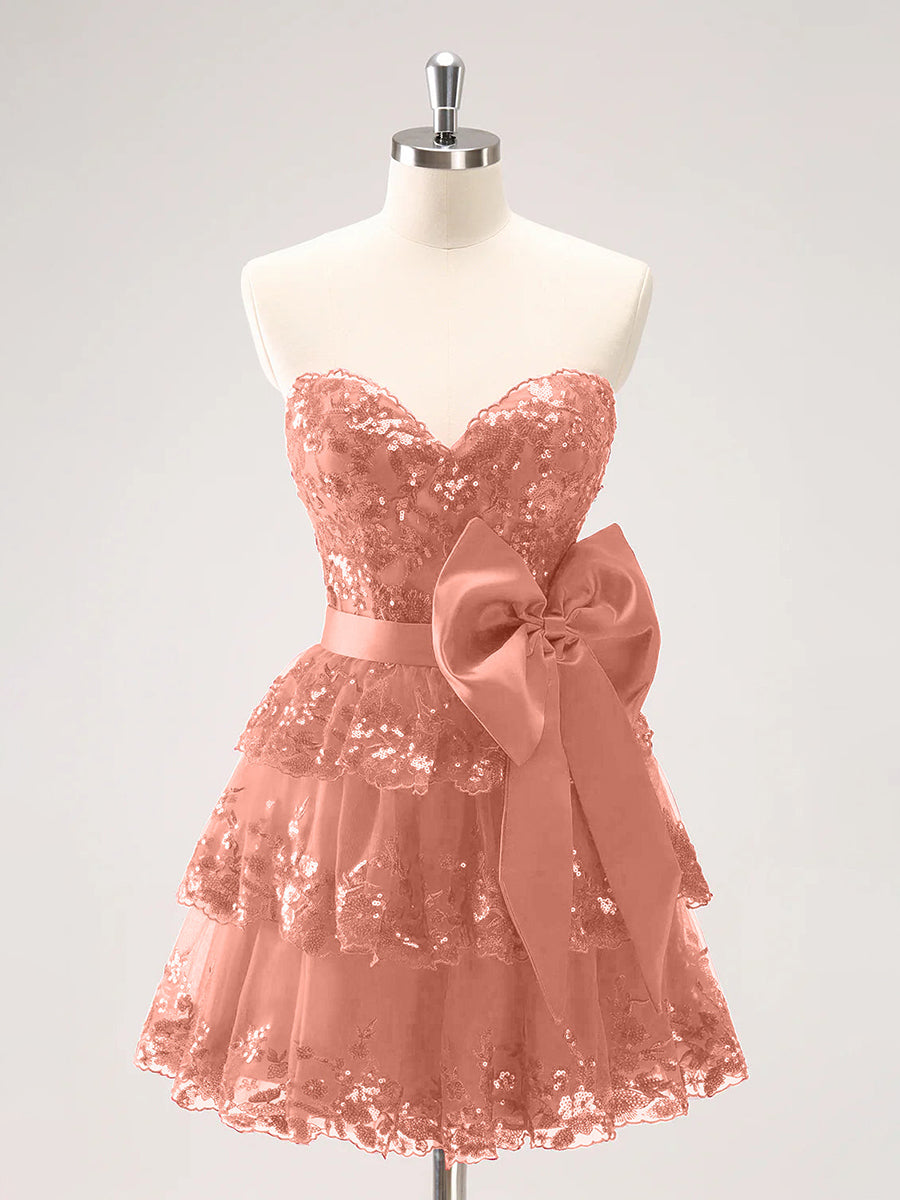 Sparkly A Line Sweetheart Corset Tiered Ruffle Homecoming Dress with Bows