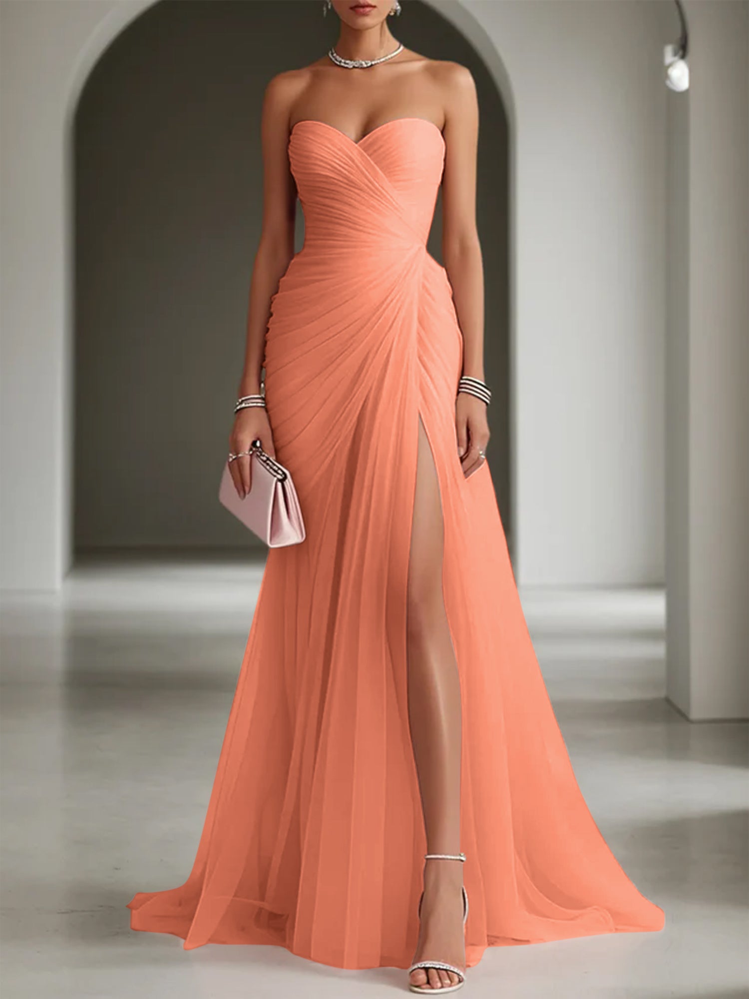 Pink Ruched Slit Tulle Strapless Sleeveless Sheath Gown Dress