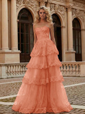 Red Tiered Tulle Strapless Lace Bodice A-Line Long Prom Dress
