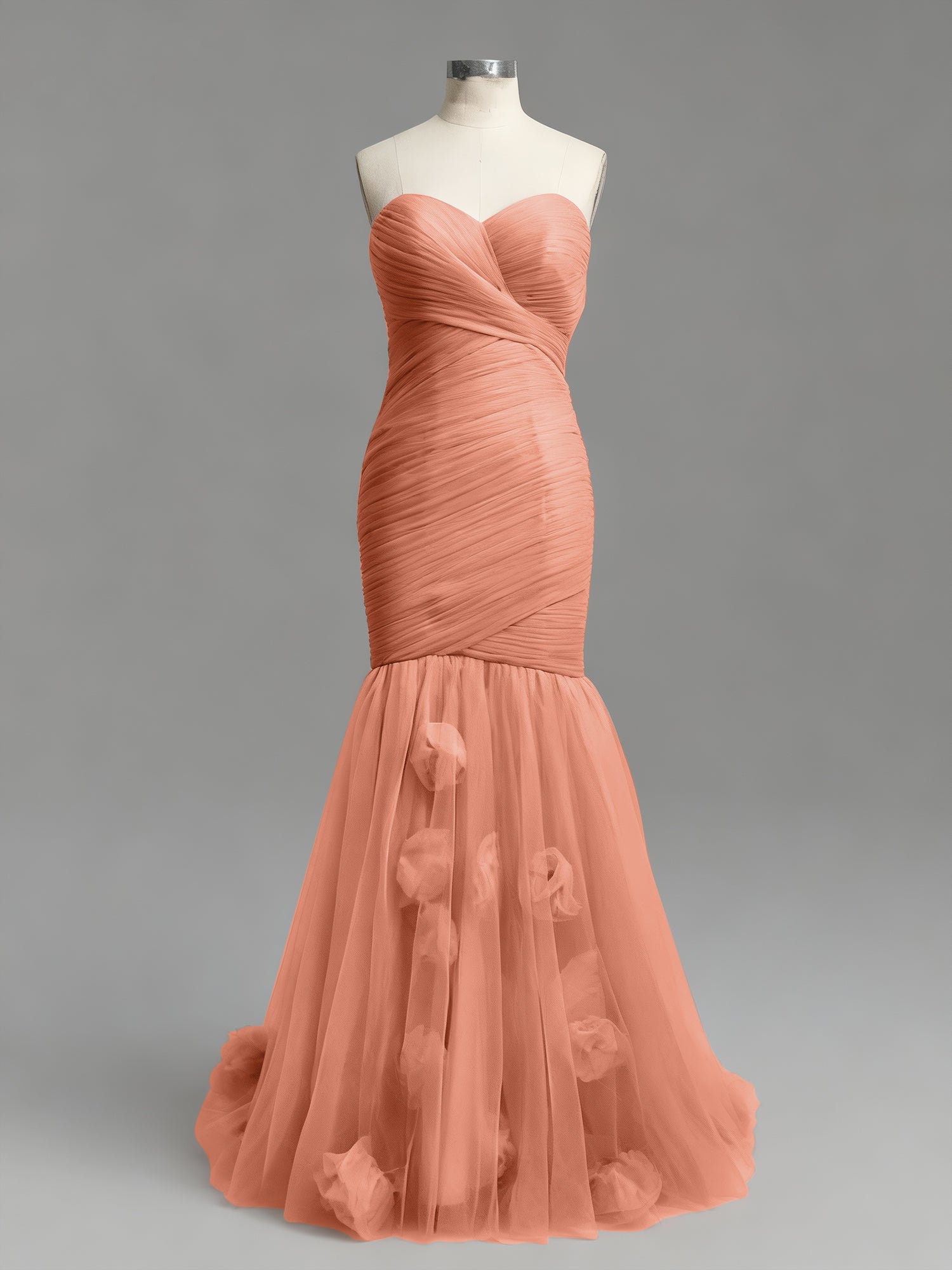 Dusty Rose Mermaid Strapless Ruched Tulle Prom Dress with 3D Floral