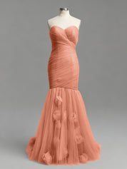 Dusty Rose Mermaid Strapless Ruched Tulle Prom Dress with 3D Floral