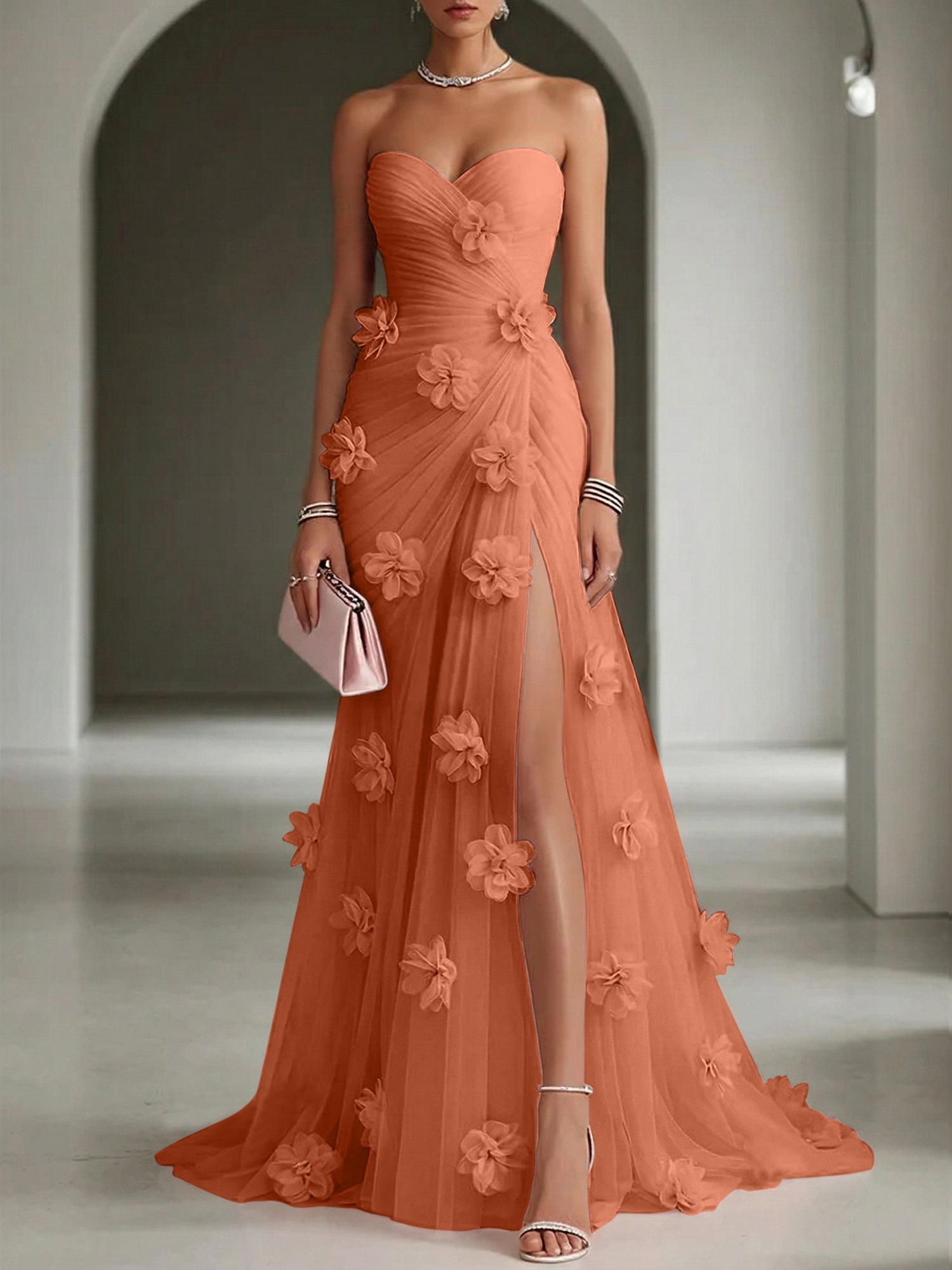 Ethereal Blush Slit 3D Floral Strapless Tulle Gown Dress