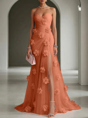 Ethereal Blush Slit 3D Floral Strapless Tulle Gown Dress