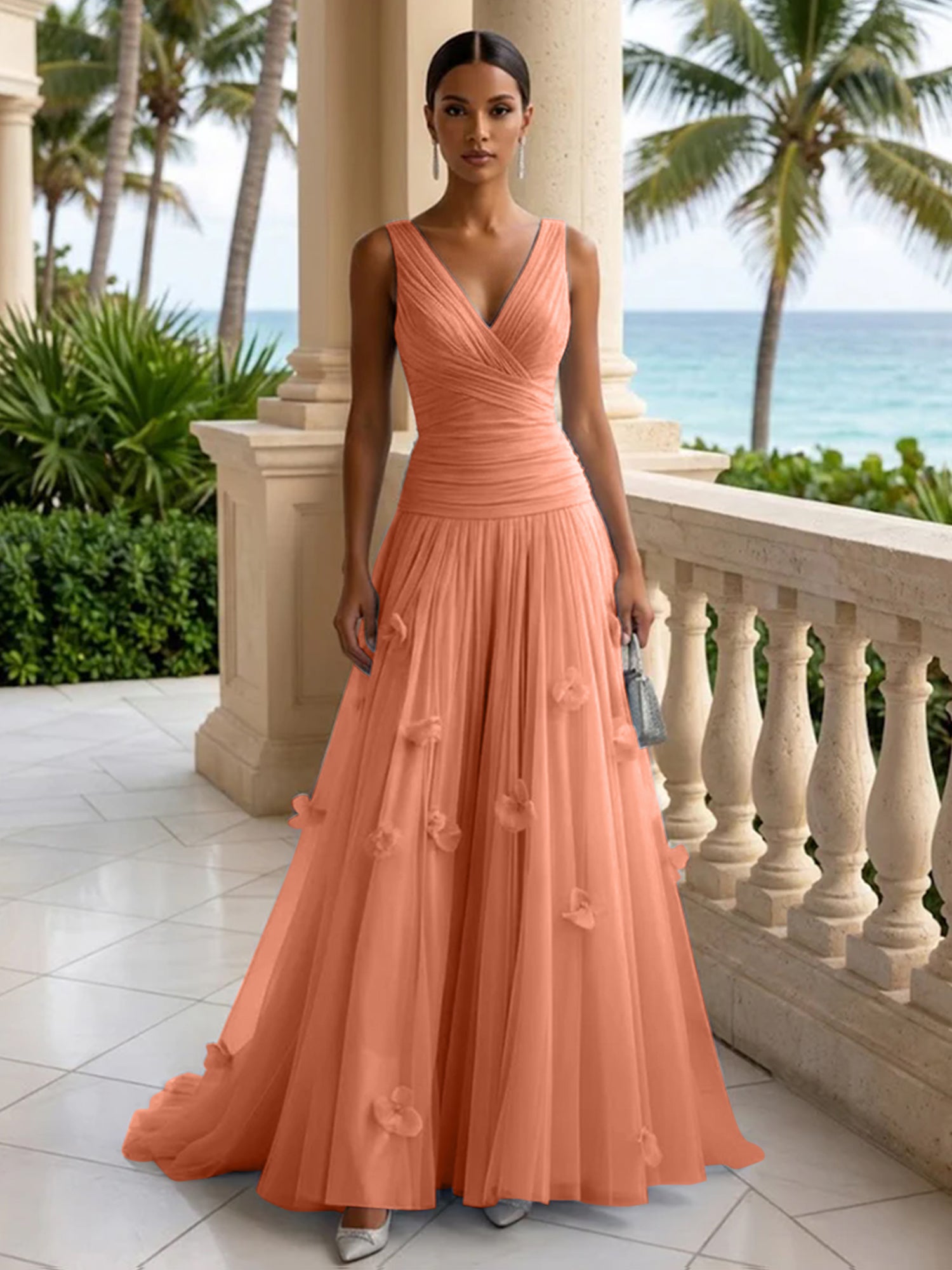 Light Blue Evening Dress with 3D Flower V Neck Pleat Maxi Dress