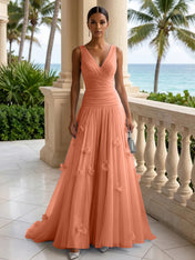 Light Blue Evening Dress with 3D Flower V Neck Pleat Maxi Dress