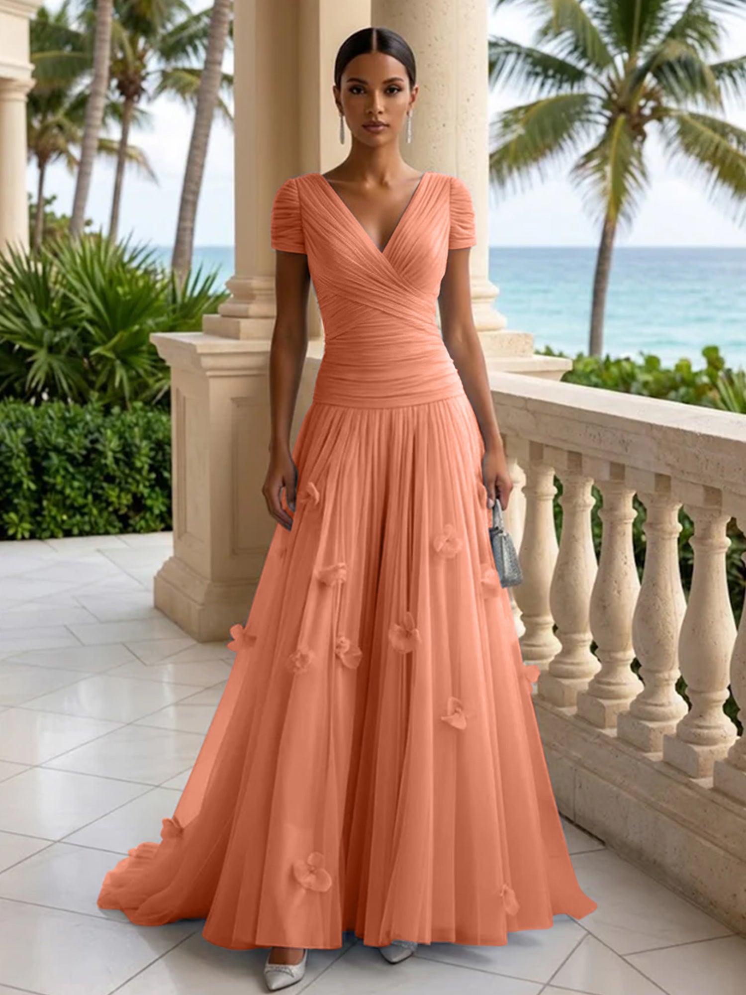 Light Blue Short-Sleeve Tulle Gown Evening Dress with 3D Flower V Neck Pleat Maxi Dress