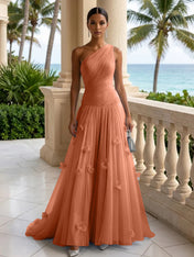 Light Blue Evening Dress with 3D Flower One Shoulder Pleat Maxi Dress