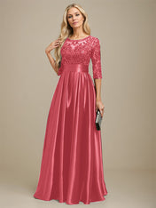A-line Scoop Illusion Floor-Length Stretch Satin Lace Mother of the Bride Dress With Bow Sequins