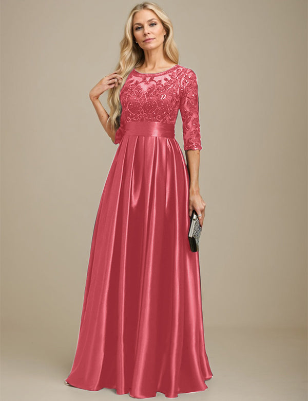 A-line Scoop Illusion Floor-Length Stretch Satin Lace Mother of the Bride Dress With Bow Sequins