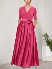 Surplice Neckline Ballgown with Full Satin Skirt & Jersey Bodice