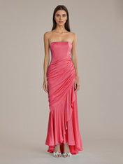 Sheath/Column Satin Off The Shoulder Sleeveless Floor Length Dresses With Ruffles