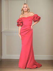 Satin Sheath/Column Off The Shoulder Puff Sleeves Floor Length Mother of the Bride Dresses