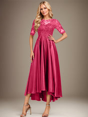A-line Scoop Illusion Asymmetrical Stretch Satin Lace Mother of the Bride Dress With Sequins