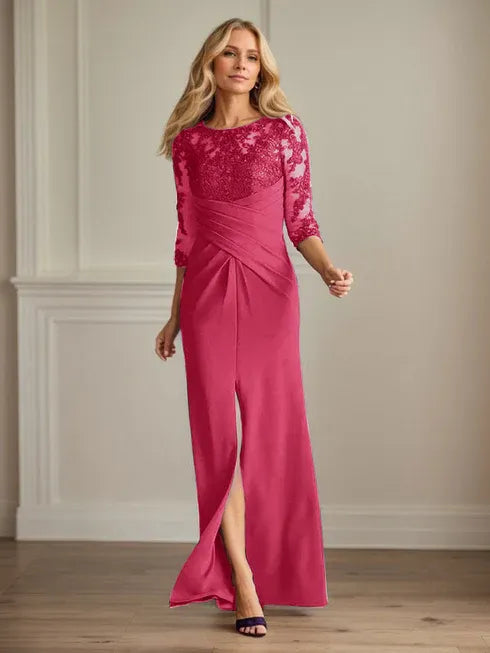 Robe fourreau en crêpe extensible prune pour mère de la mariée 