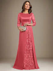A-Line Scoop Floor-Length Lace Satin Mother Of the Bride Dress With Applique