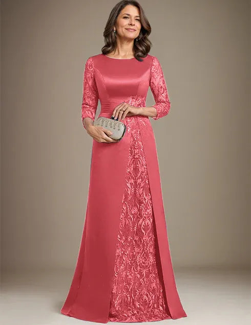 Robe de mère de la mariée en satin et dentelle, coupe trapèze, longueur au sol, avec appliques 