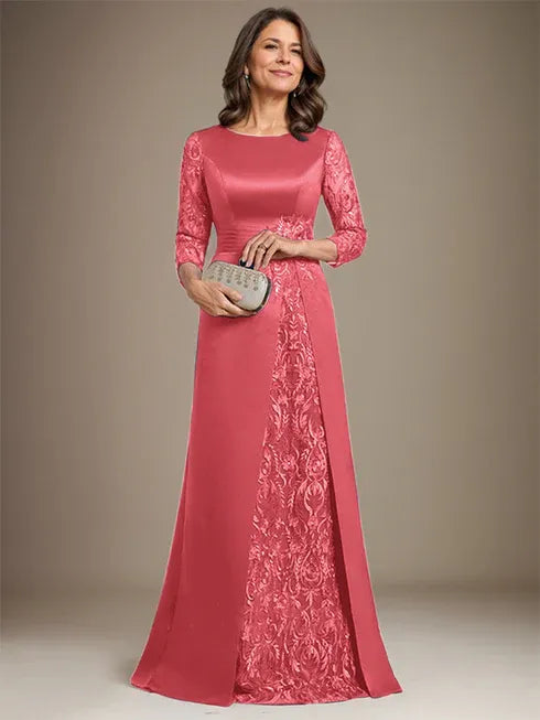 Robe de mère de la mariée en satin et dentelle, coupe trapèze, longueur au sol, avec appliques 