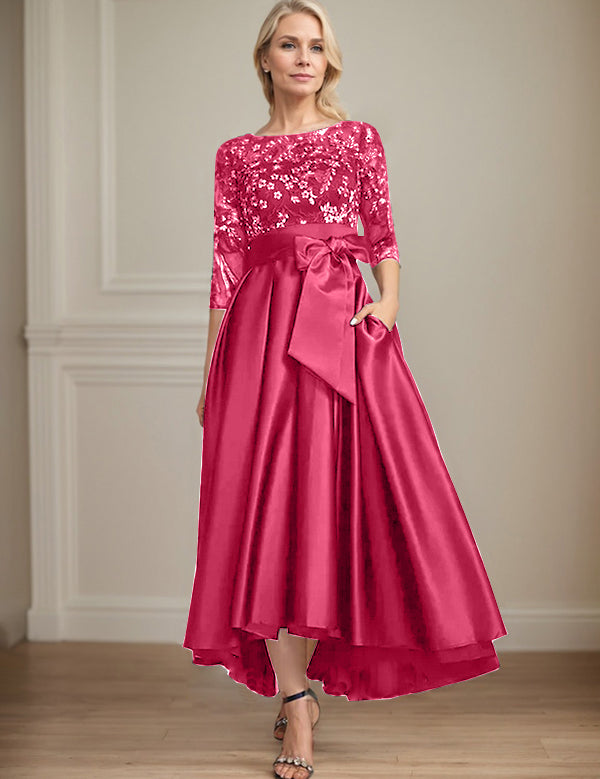 Robe de mère de la mariée asymétrique en satin et dentelle, coupe trapèze, décolleté en V, avec nœud 