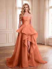 Formal Evening Tiered Dress Pink Strapless Maxi Gown