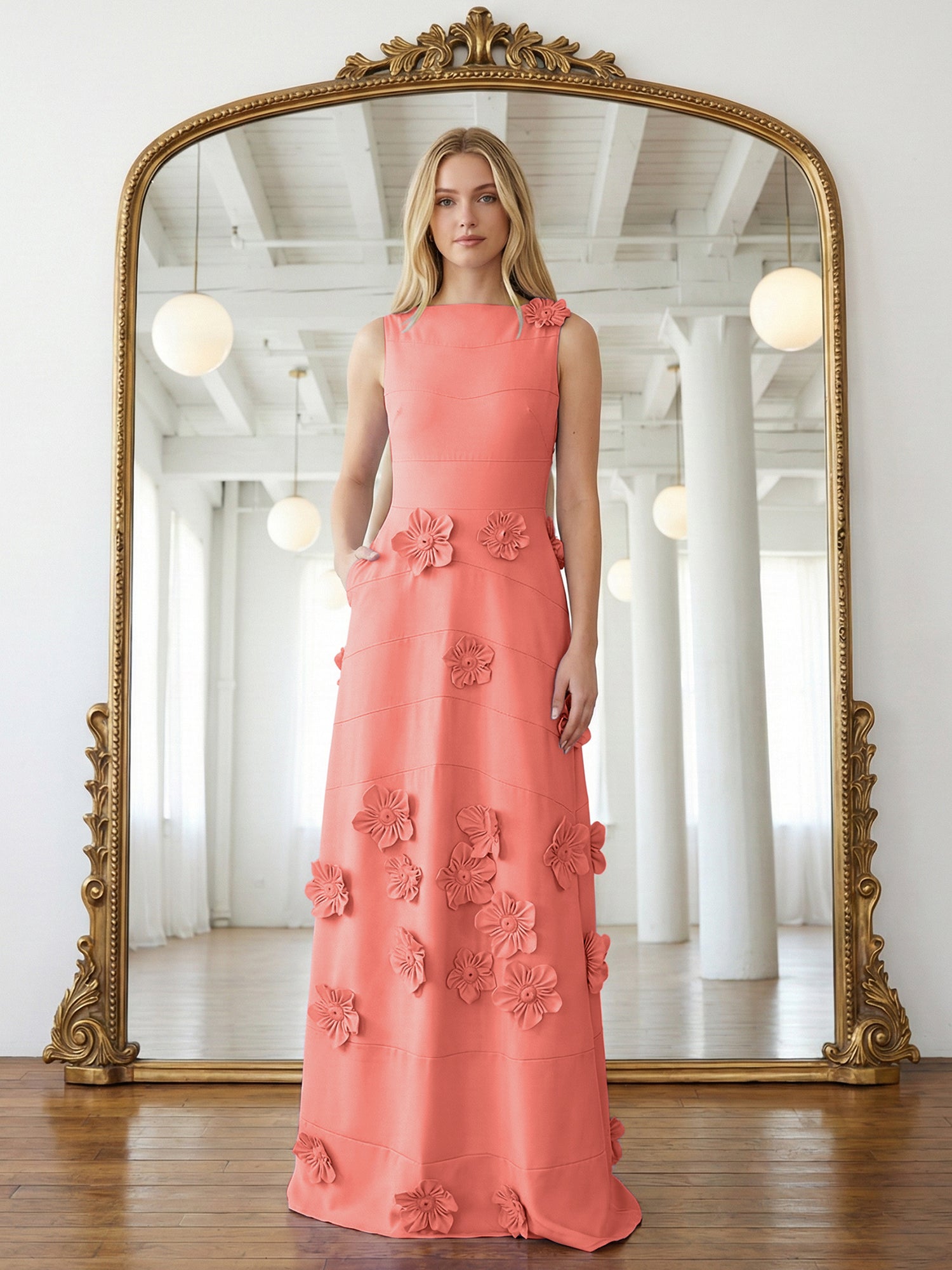 Lavender Boat Neck Formal Gown with Cascading 3D Flowers