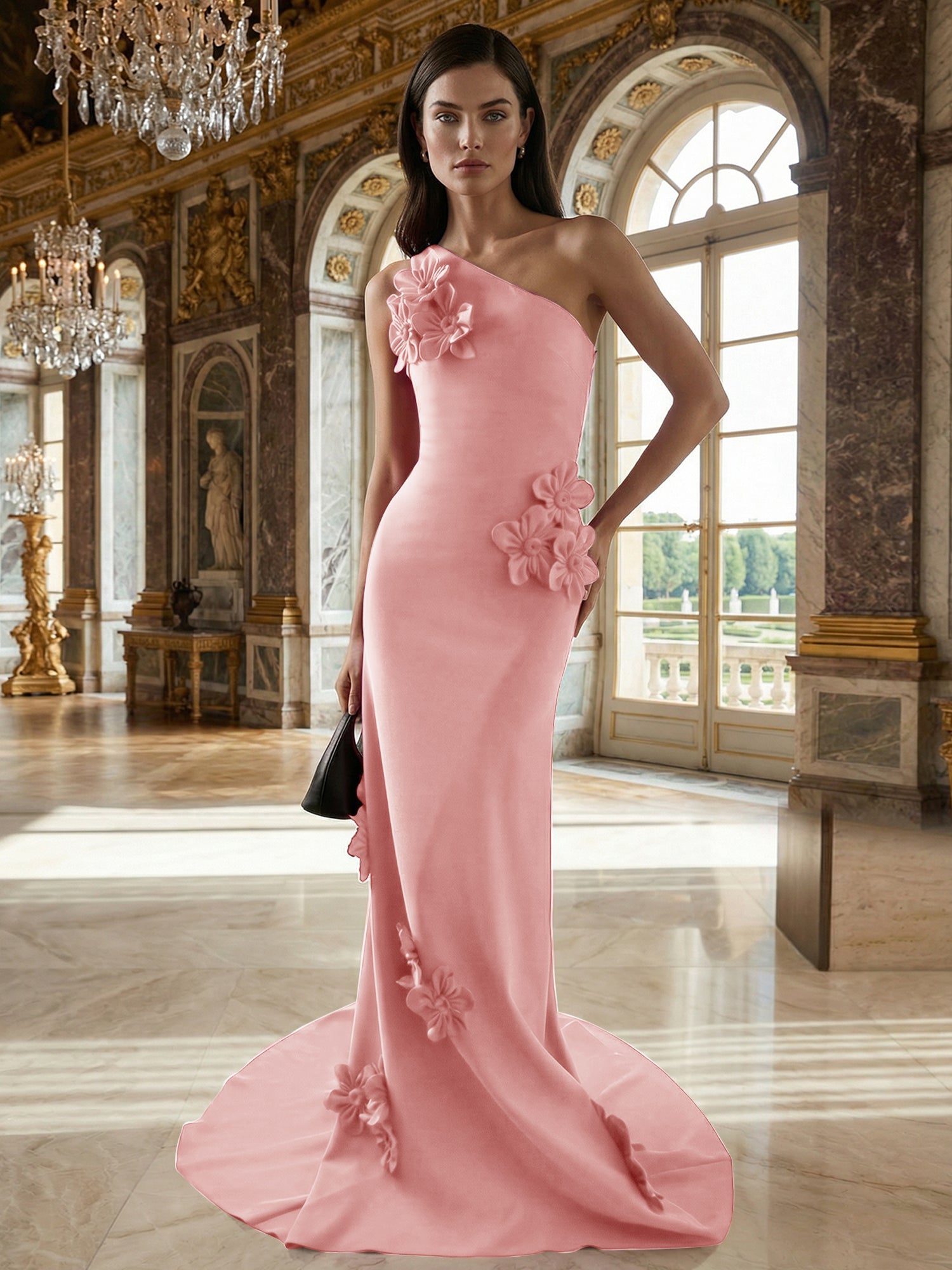 A Line One Shoulder Sleeveless Floor Length Stretch Crepe Dress With 3D Flowers