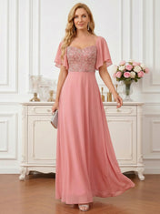 Coral Pink Sweetheart Maxi Gown with Sequin Bodice and Flutter Sleeves Mother of the Bride Dresses