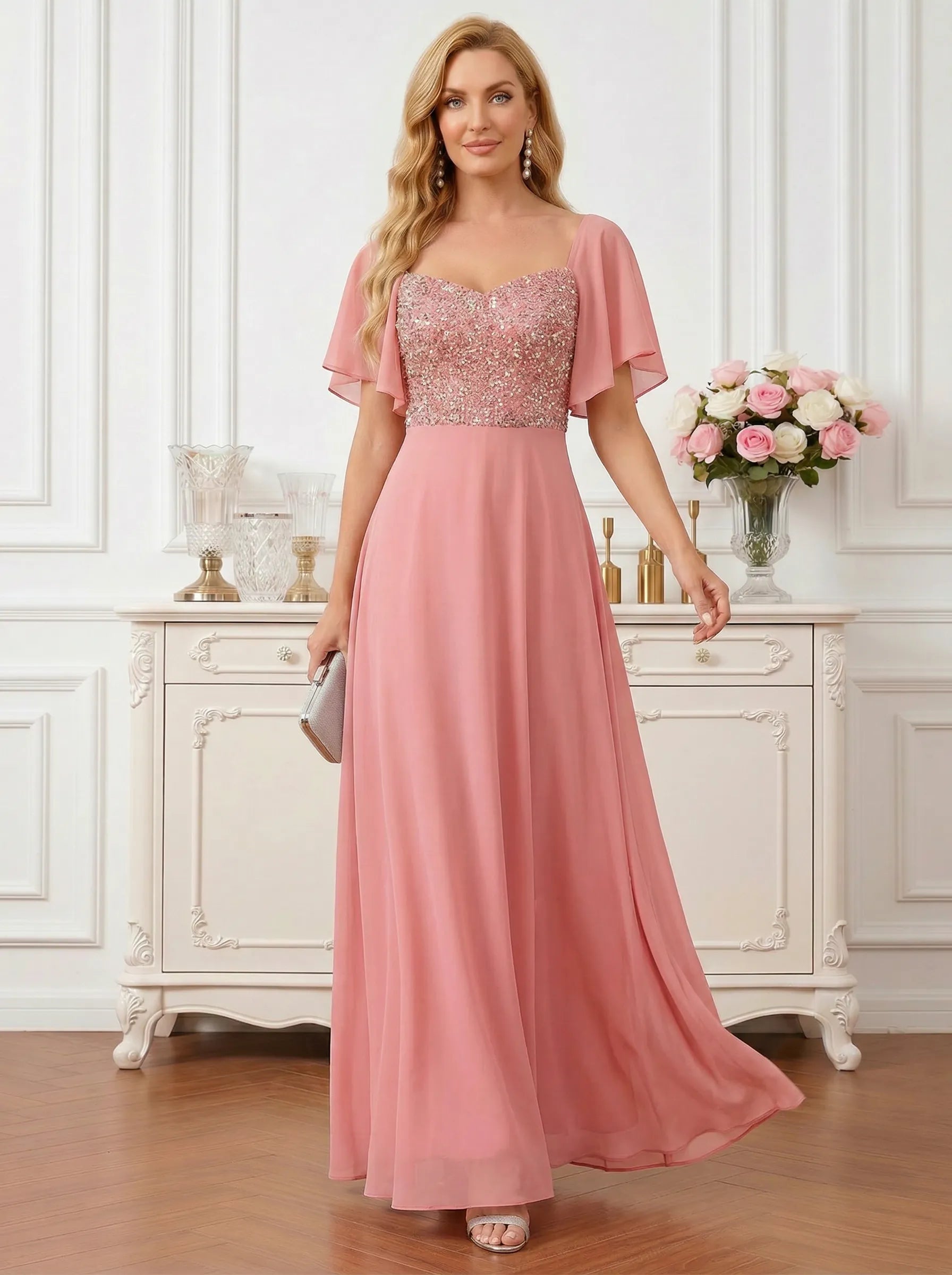 Coral Pink Sweetheart Maxi Gown with Sequin Bodice and Flutter Sleeves Mother of the Bride Dresses
