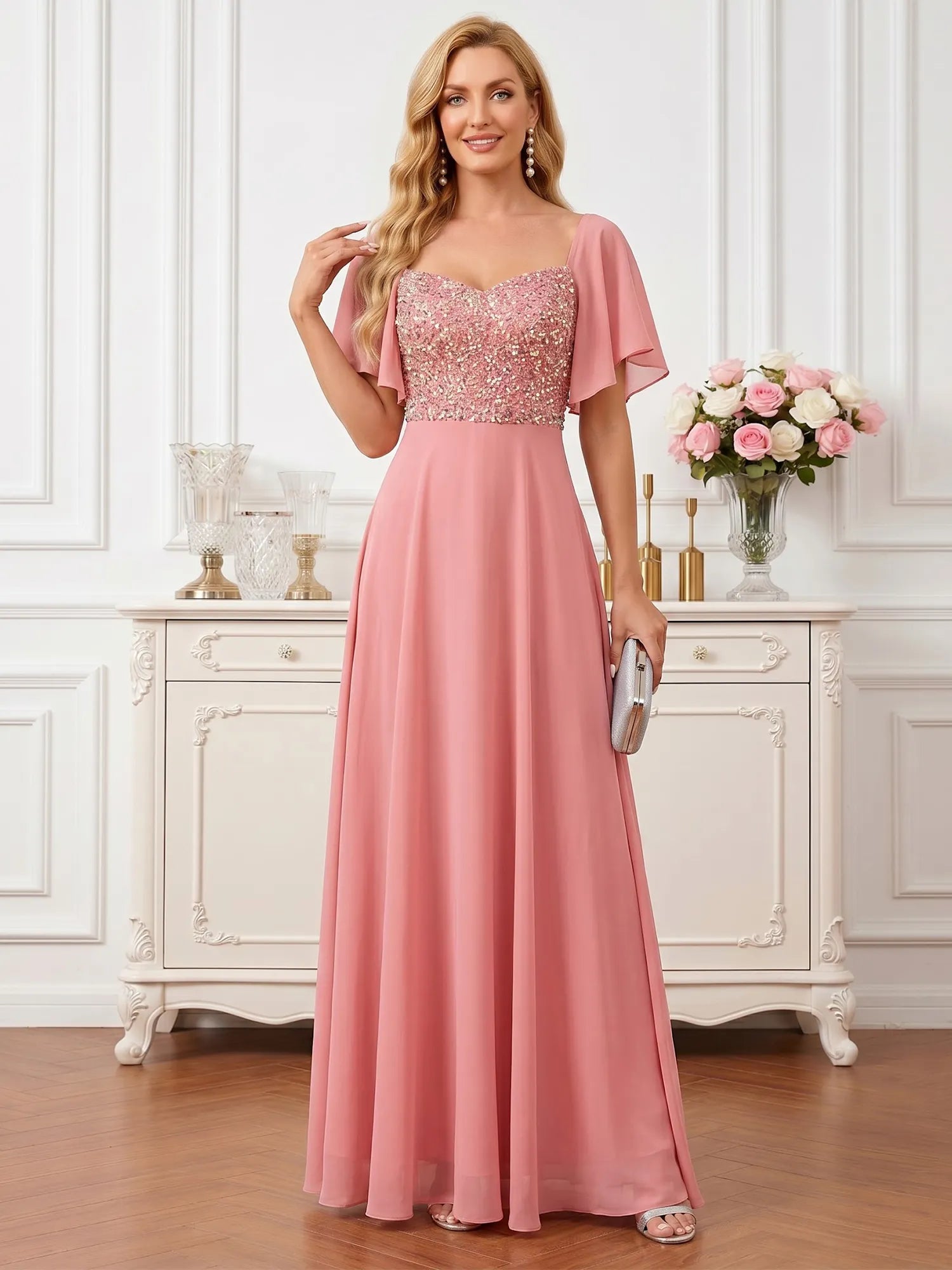 Coral Pink Sweetheart Maxi Gown with Sequin Bodice and Flutter Sleeves Mother of the Bride Dresses