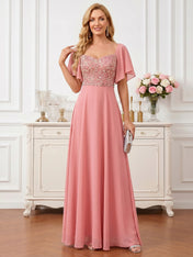 Coral Pink Sweetheart Maxi Gown with Sequin Bodice and Flutter Sleeves Mother of the Bride Dresses