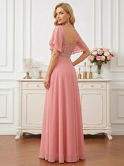 Coral Pink Sweetheart Maxi Gown with Sequin Bodice and Flutter Sleeves Mother of the Bride Dresses