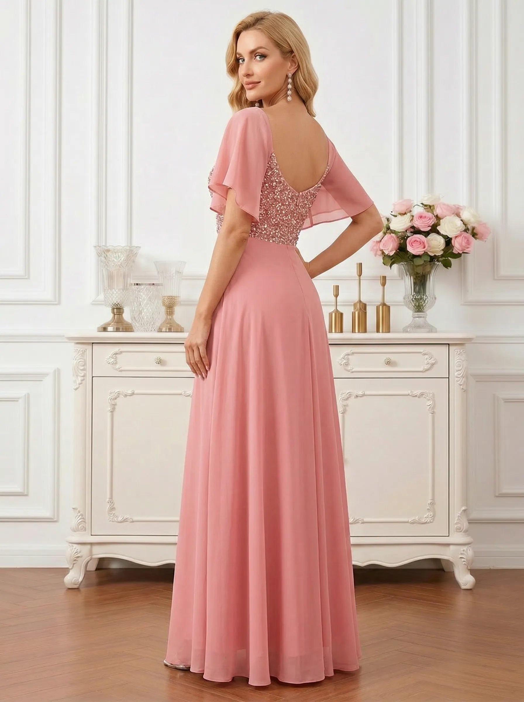 Coral Pink Sweetheart Maxi Gown with Sequin Bodice and Flutter Sleeves Mother of the Bride Dresses