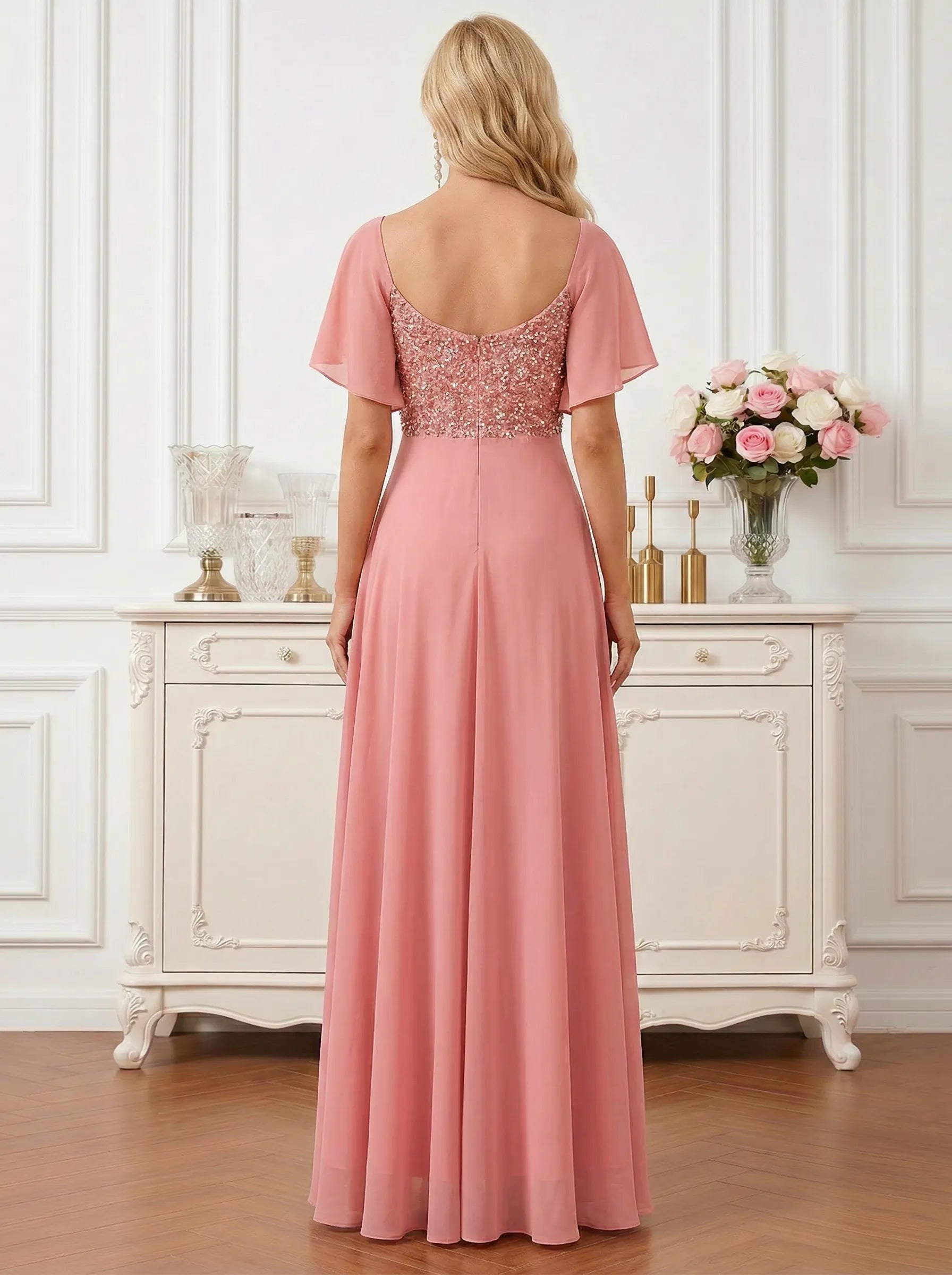 Coral Pink Sweetheart Maxi Gown with Sequin Bodice and Flutter Sleeves Mother of the Bride Dresses