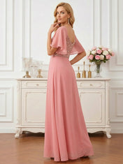 Coral Pink Sweetheart Maxi Gown with Sequin Bodice and Flutter Sleeves Mother of the Bride Dresses