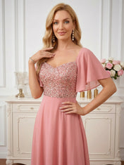 Coral Pink Sweetheart Maxi Gown with Sequin Bodice and Flutter Sleeves Mother of the Bride Dresses