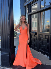 Coral Plunging V-Neck Sheath Prom Dress with Slit