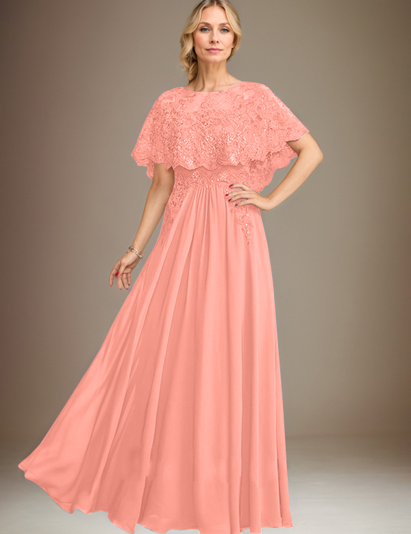 A-line Boat Neck Floor-Length Lace Chiffon Mother of the Bride Dress With Applique Sequins