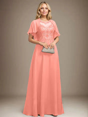 A-line Scoop Illusion Floor-Length Lace Chiffon Mother of the Bride Dress With Sequins