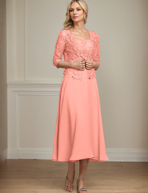 A-line Square Tea-Length Chiffon Lace Mother of the Bride Dress With Sequins Beading